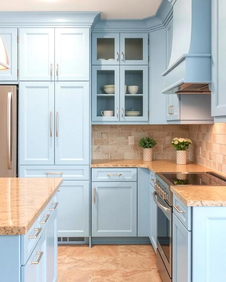 Sky Blue Cabinets Paired with Light Brown Granite