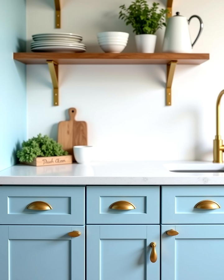 Sky Blue Cabinets with Brushed Gold Handles