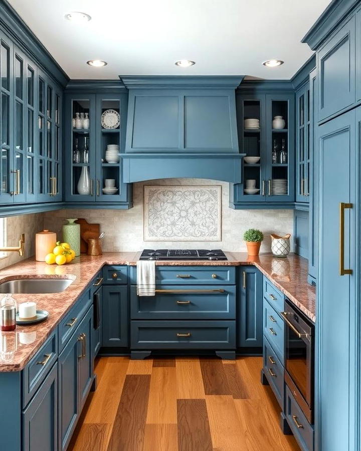 Slate Blue Cabinets with Mahogany Brown Granite