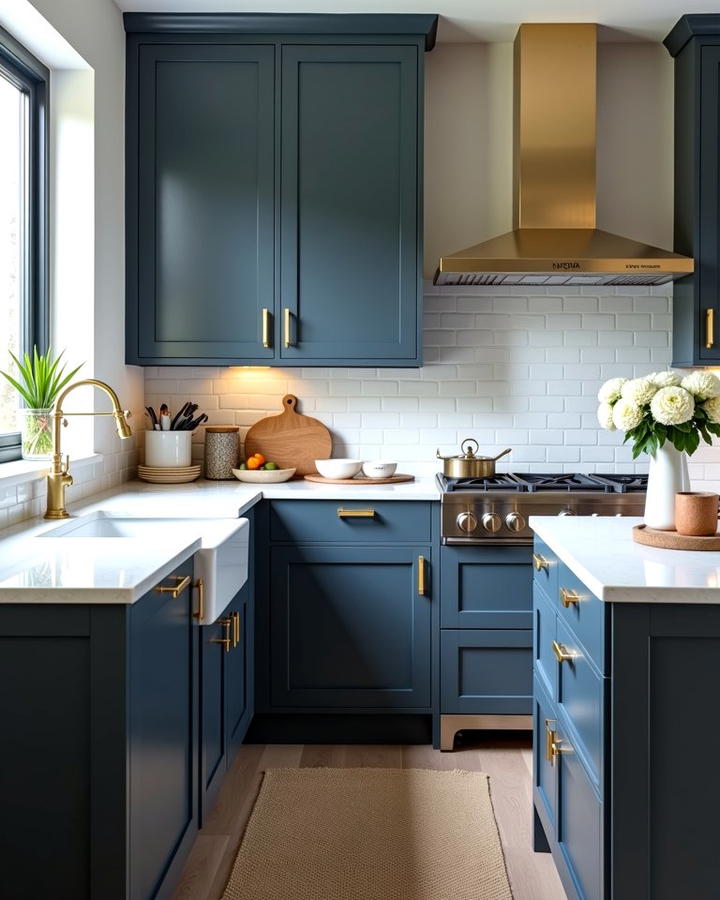 Slate Blue Cabinets with Minimalist Gold Pulls