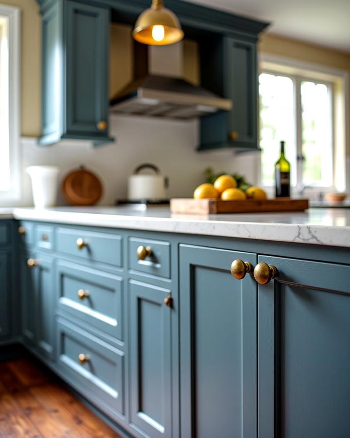 Slate Blue Cabinets with Vintage Gold Knobs