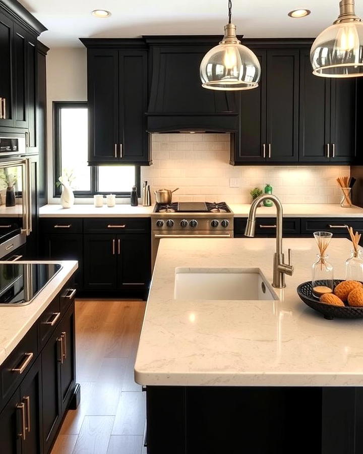 Sleek Black Cabinets with Beige Countertops