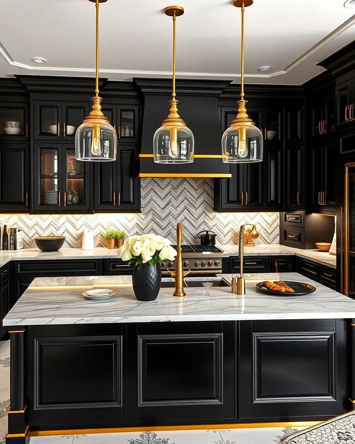 Sleek Black Island with Gold Accents