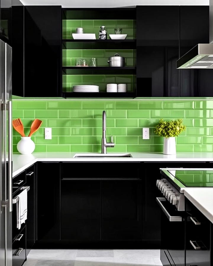 Sleek Black Kitchen Cabinets With Green Backsplash