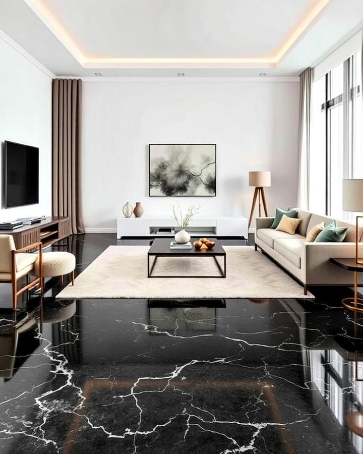 Sleek Black Marble Floor Living Room