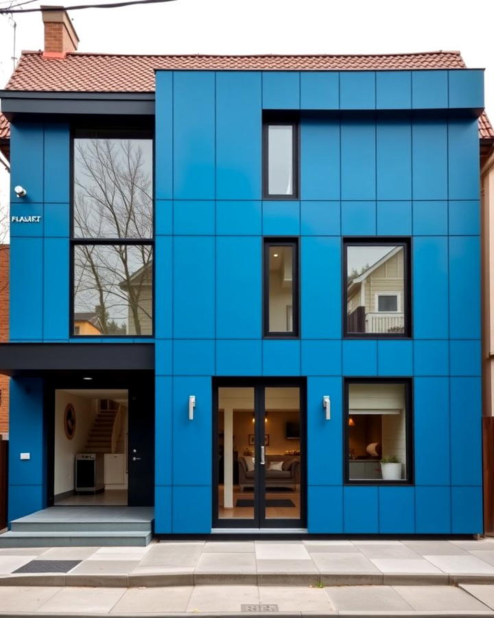 Sleek Contemporary Design with Blue Panels and Brown Roof