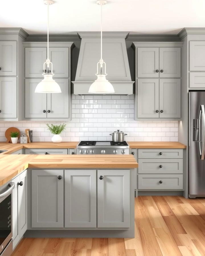 Soft Gray Cabinets Paired with Butcher Block Countertops