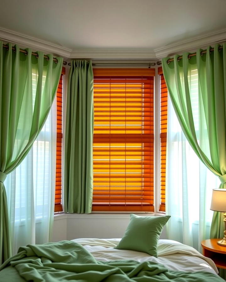 Soft Green Curtains with Wooden Blinds