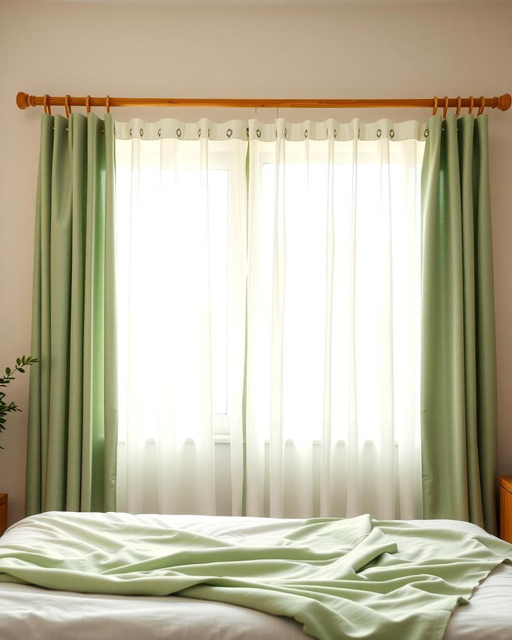 Soft Green Curtains with Wooden Rods