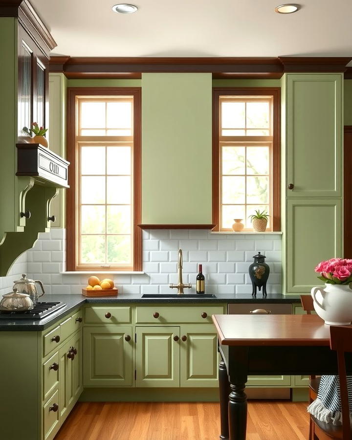 Soft Green Walls with Dark Wood Trim