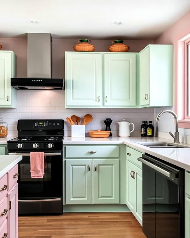 Soft Pastel Cabinets With Black Appliances