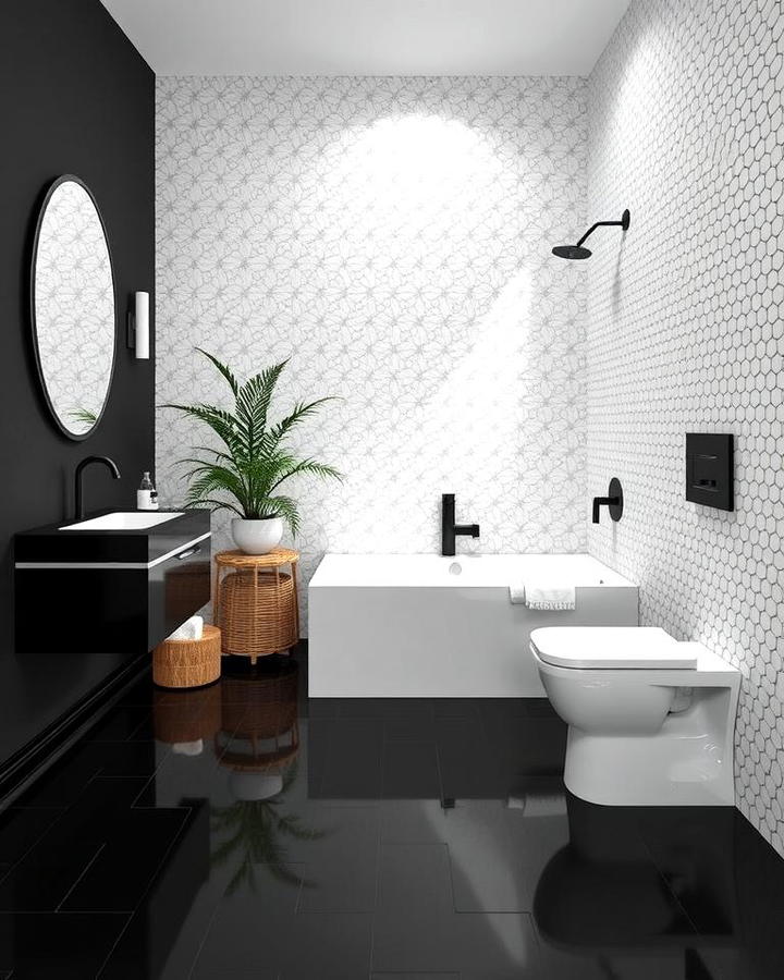 Solid Black Floors with White Mosaic Walls