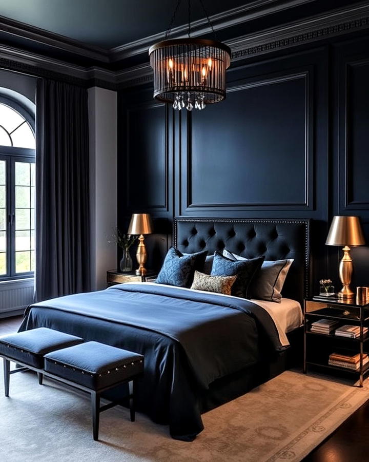 Sophisticated Black and Blue Accent Walls Bedroom