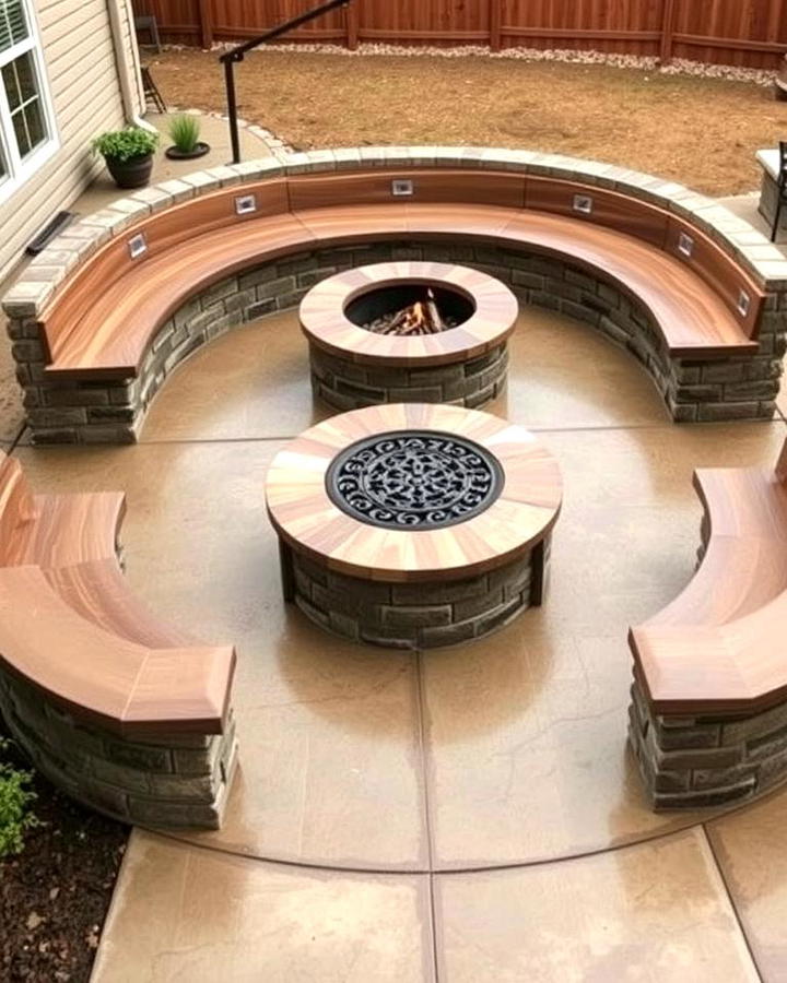 Stamped Concrete Patio with Built In Benches and Fire Pit