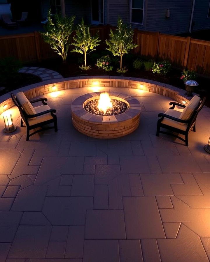 Stamped Concrete Patio with Fire Pit and Built In Lighting