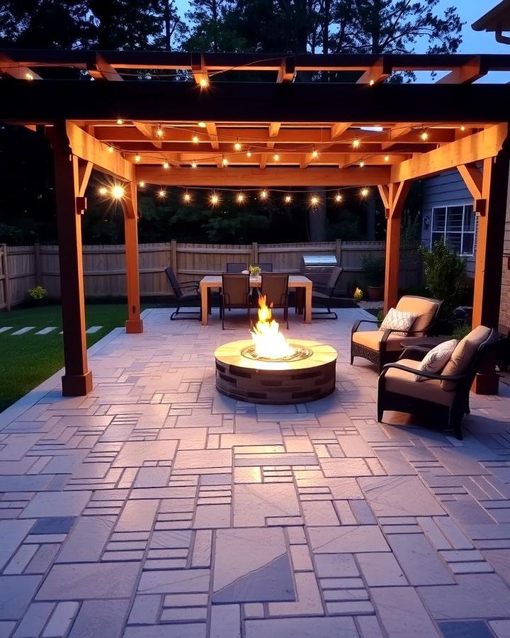 Stamped Concrete Patio with Fire Pit and Pergola