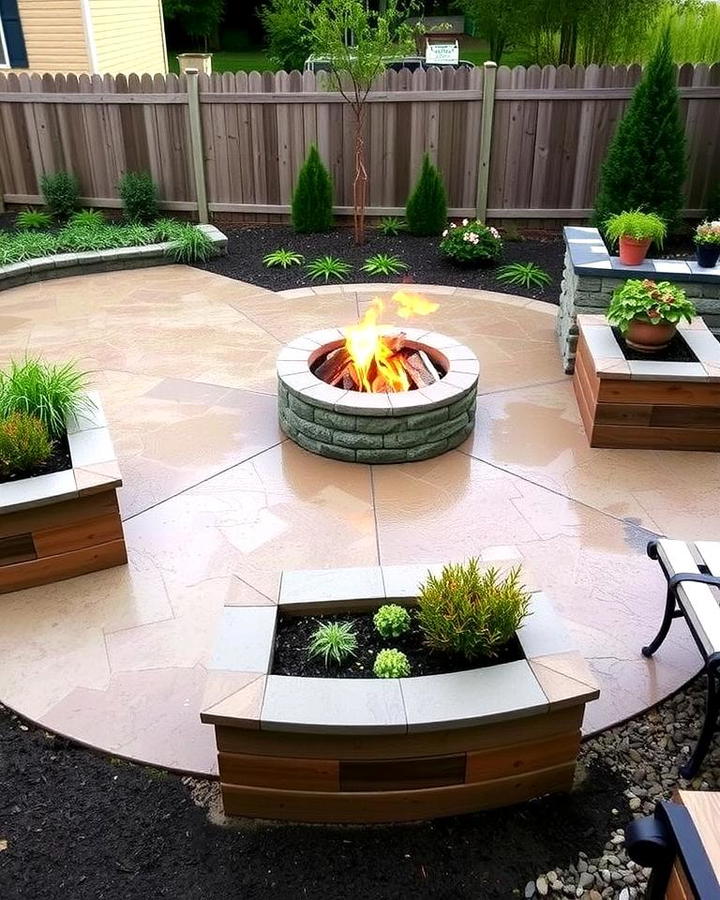 Stamped Concrete Patio with Fire Pit and Raised Planters