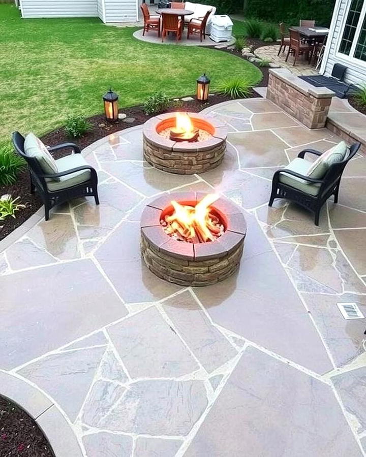 Stamped Concrete Patio with Fire Pit and Water Feature