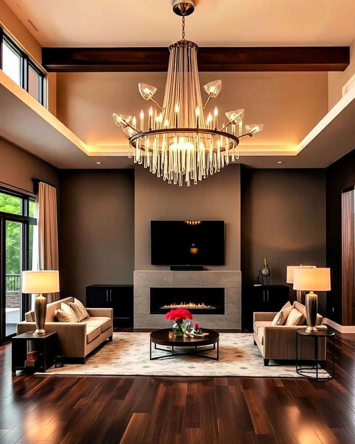 Statement Lighting Fixtures in Brown Living Room