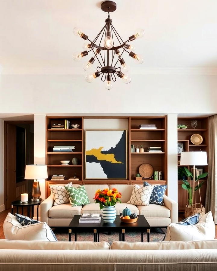 Statement Lighting Fixtures in Eclectic Living Room