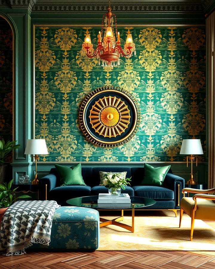Statement Wall with Green and Gold Wallpaper