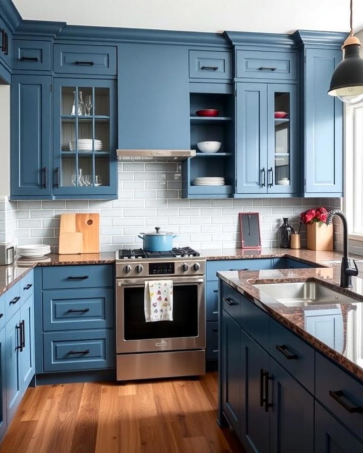 Steel Blue Cabinets with Dark Brown Granite