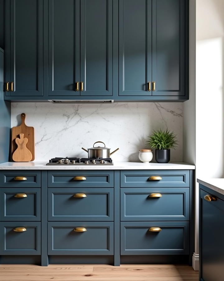 Steel Blue Cabinets with Satin Gold Handles