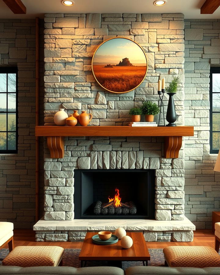 Stone Clad Fireplace with Wooden Mantel