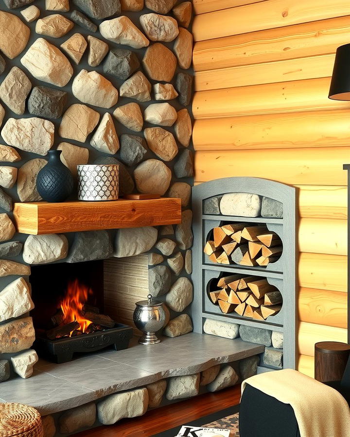 Stone Fireplace with Built In Log Storage