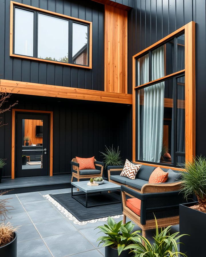 Striking Black Exterior with Warm Wooden Trim