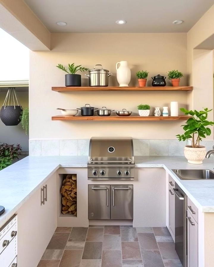 Stucco Kitchen with Open Shelving