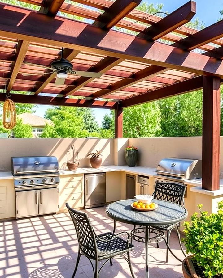 Stucco Kitchen with Pergola for Shade