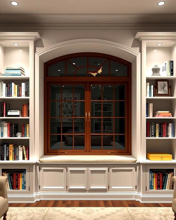 Symmetrical Bookcases Flanking a Bay Window