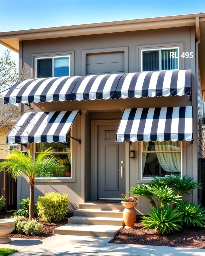 Taupe with Black and White Striped Awnings