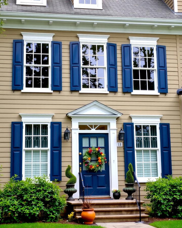 Taupe with Navy Blue Shutters