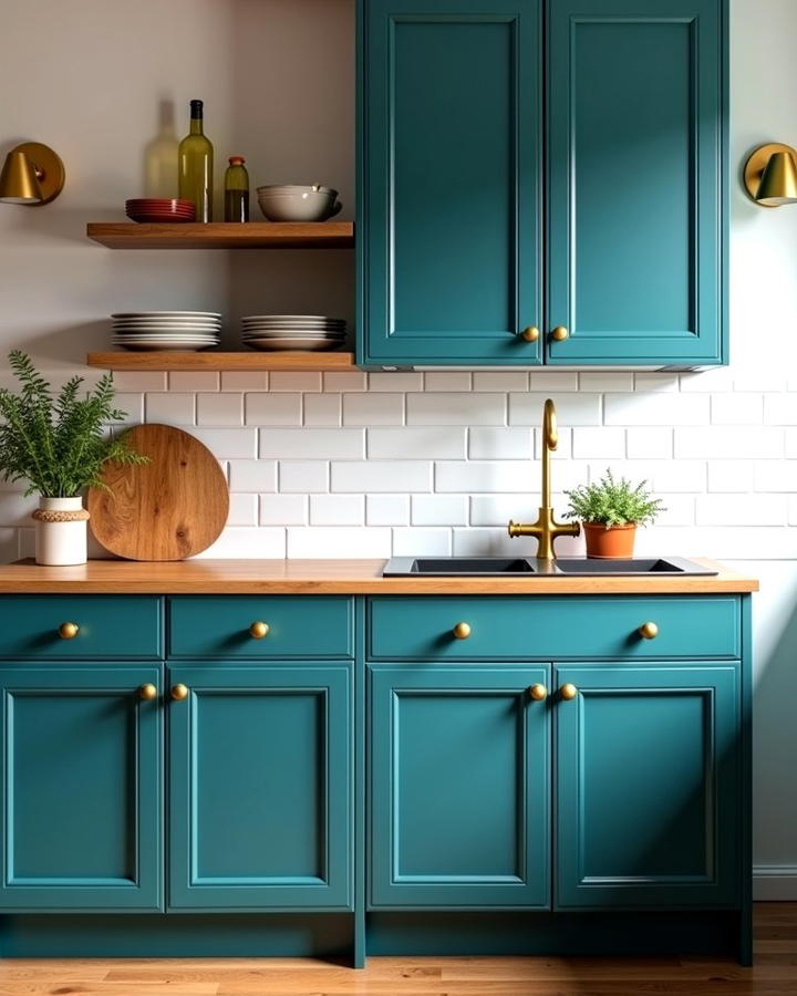 Teal Blue Cabinets with Brushed Gold Knobs