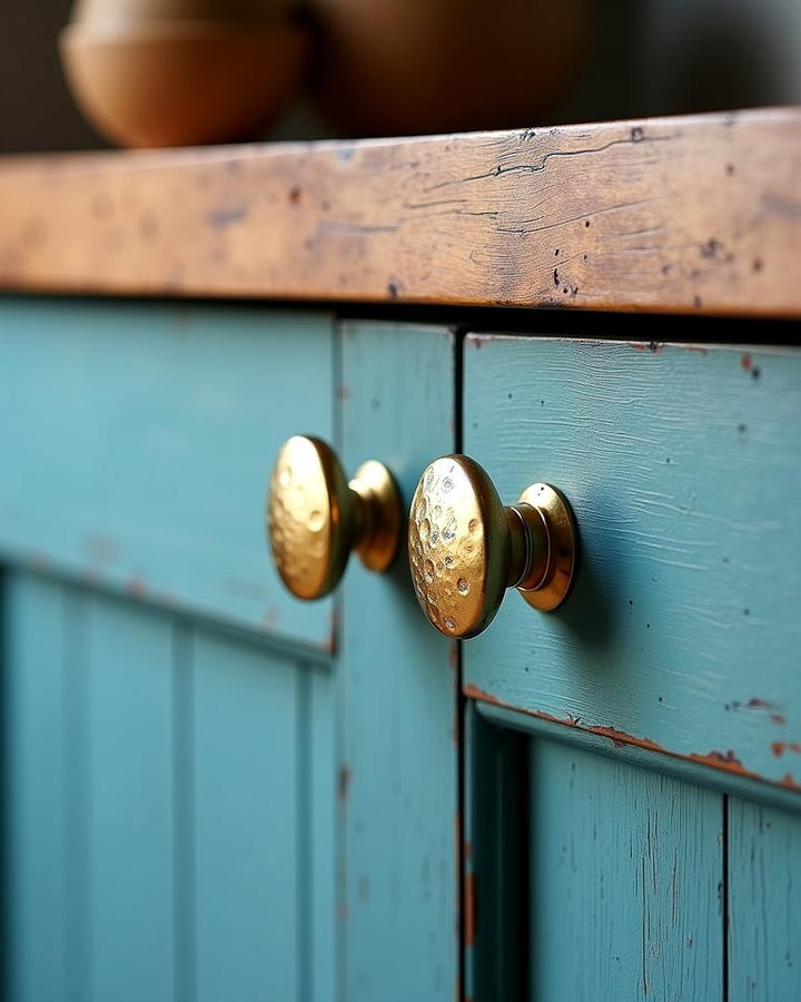 Teal Blue Cabinets with Hammered Gold Knobs