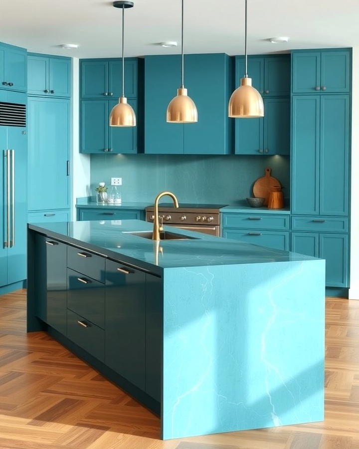 Teal Blue Island with Waterfall Countertops