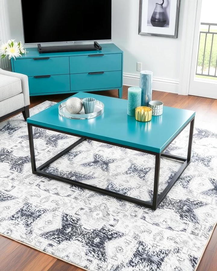 Teal Coffee Table on a Grey Rug