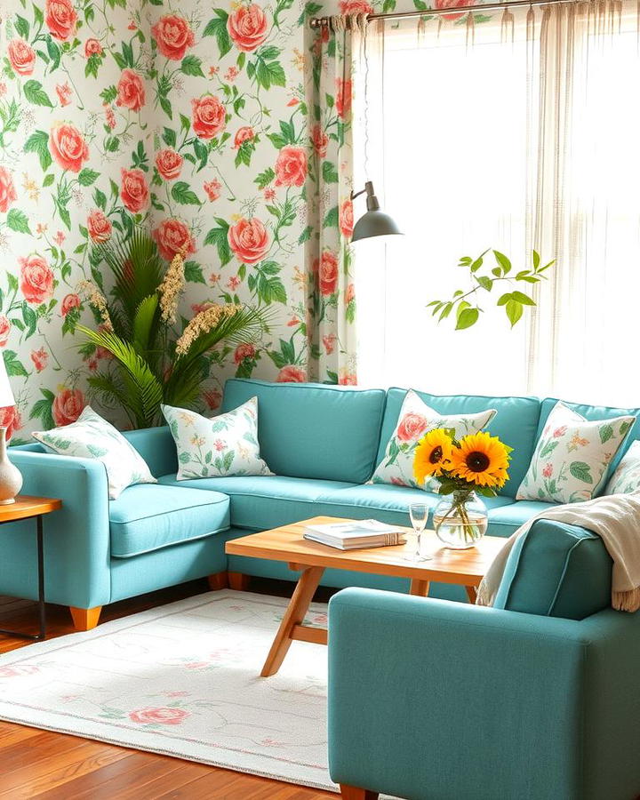 Teal Couch and Floral Patterns