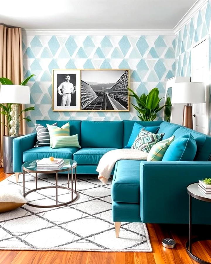 Teal Couch and Geometric Patterns