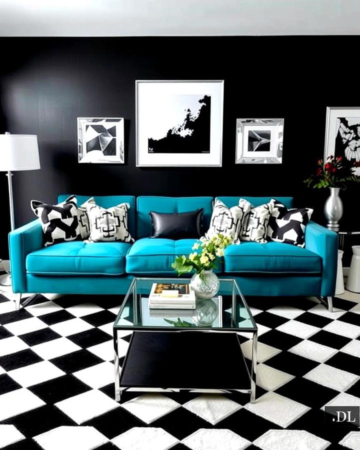 Teal Couch in a Black and White Setting