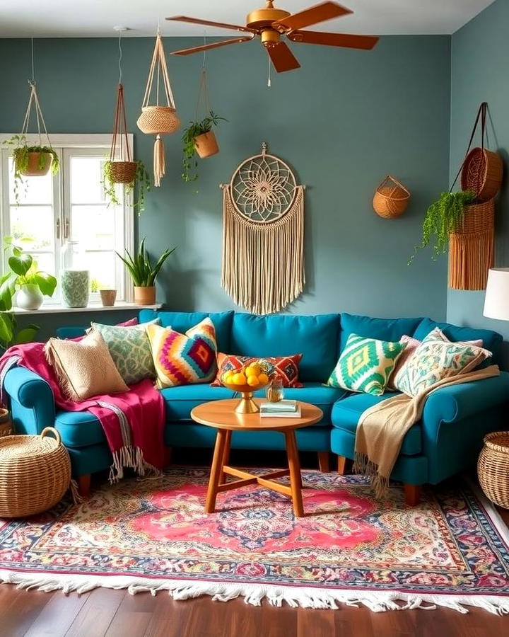 Teal Couch in a Bohemian Setting