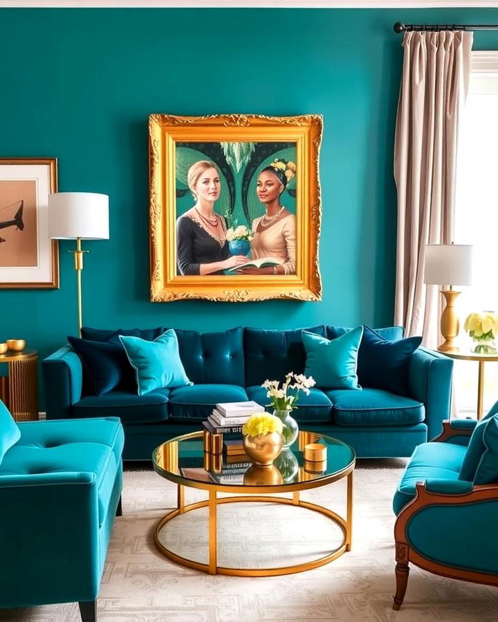 Teal Couch with Gold Accents