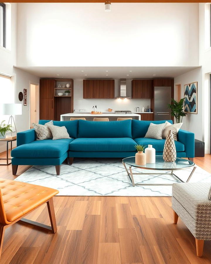 Teal Couch with Open Space Layout