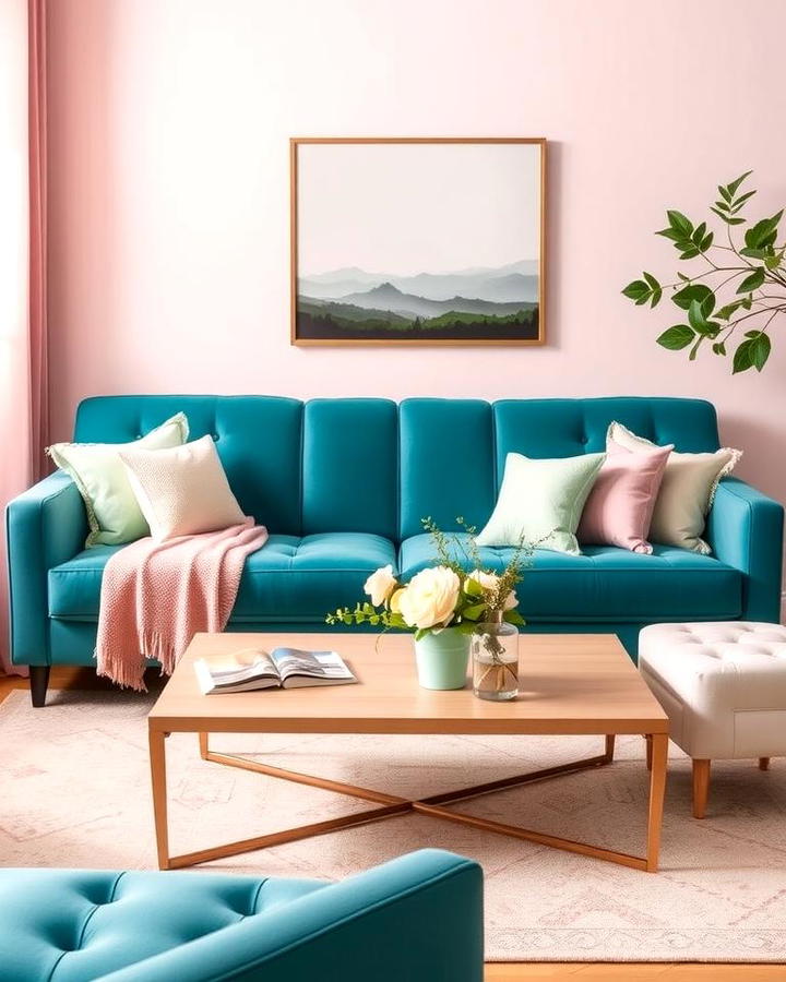 Teal Couch with Pastel Accents