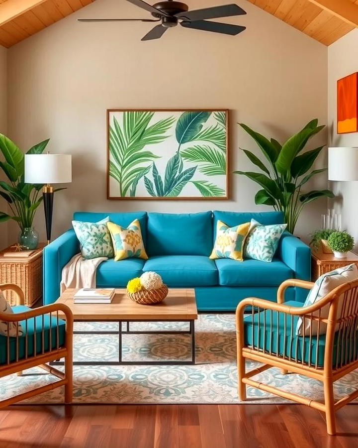 Teal Couch with Tropical Decor