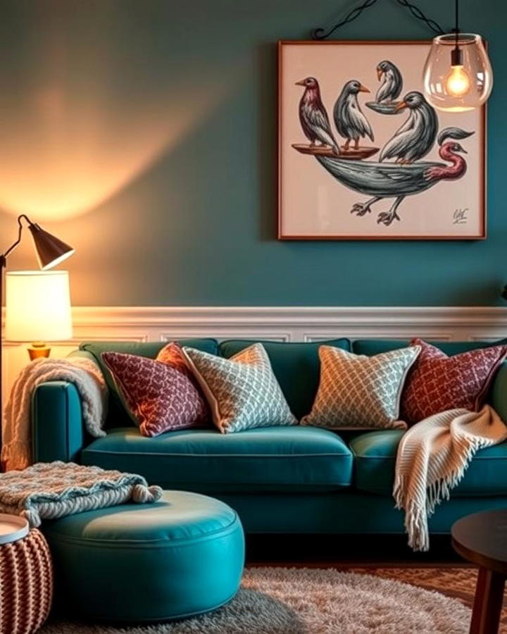 Teal Couch with Warm Lighting