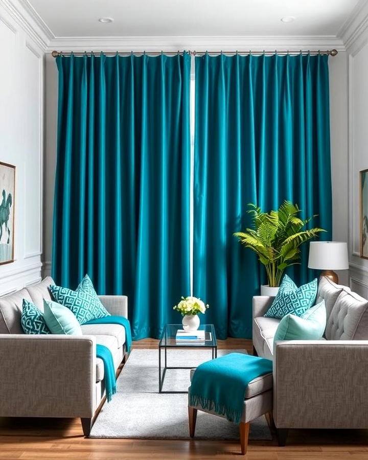 Teal Curtains Paired with Grey Furniture