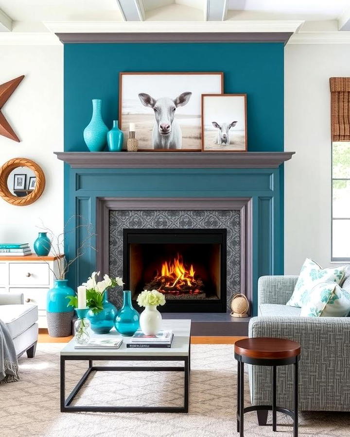 Teal Fireplace with Grey Mantel